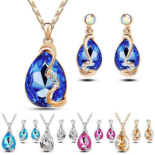 Women Waterdrop Crystal Pendant Rhinestone Inlaid Necklace Earrings Jewelry Set