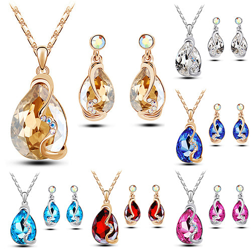 Women Waterdrop Crystal Pendant Rhinestone Inlaid Necklace Earrings Jewelry Set