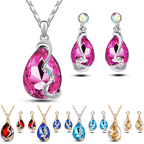 Women Waterdrop Crystal Pendant Rhinestone Inlaid Necklace Earrings Jewelry Set