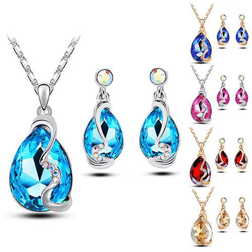 Women Waterdrop Crystal Pendant Rhinestone Inlaid Necklace Earrings Jewelry Set