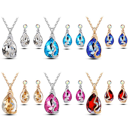 Women Waterdrop Crystal Pendant Rhinestone Inlaid Necklace Earrings Jewelry Set