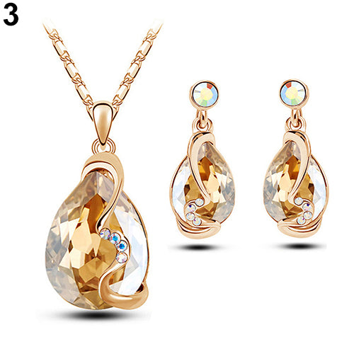 Women Waterdrop Crystal Pendant Rhinestone Inlaid Necklace Earrings Jewelry Set