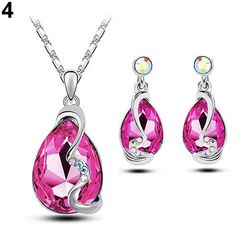 Women Waterdrop Crystal Pendant Rhinestone Inlaid Necklace Earrings Jewelry Set