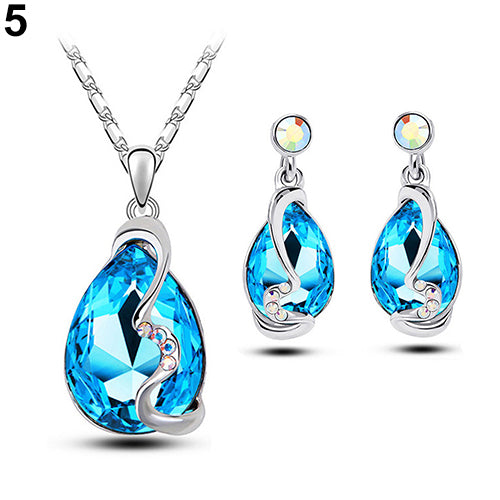 Women Waterdrop Crystal Pendant Rhinestone Inlaid Necklace Earrings Jewelry Set