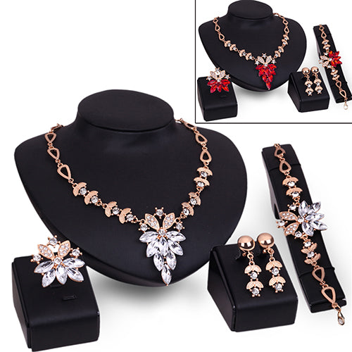 Women's Wedding Bracelet Necklace Jewelry Set Clear Crystal Statement Ring Earrings