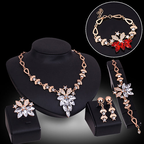 Women's Wedding Bracelet Necklace Jewelry Set Clear Crystal Statement Ring Earrings