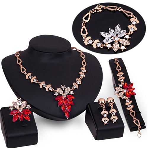 Women's Wedding Bracelet Necklace Jewelry Set Clear Crystal Statement Ring Earrings