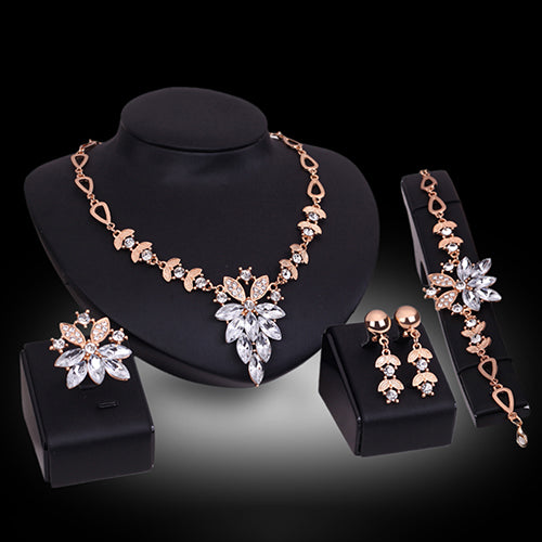 Women's Wedding Bracelet Necklace Jewelry Set Clear Crystal Statement Ring Earrings