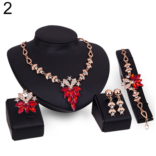 Women's Wedding Bracelet Necklace Jewelry Set Clear Crystal Statement Ring Earrings