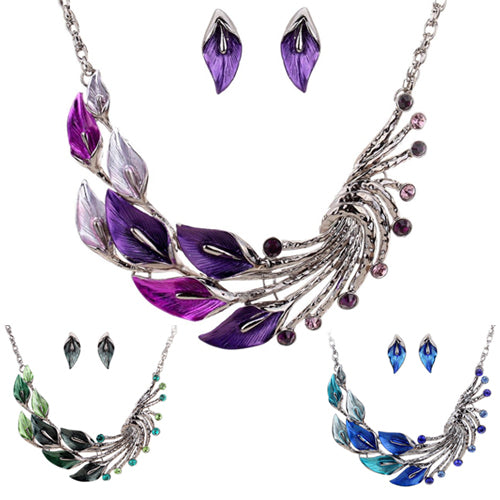 Retro Tibetan Leaf Peacock Crystal Rhinestone Drop Earrings Short Necklace Set