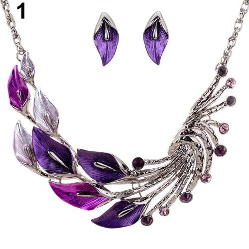 Retro Tibetan Leaf Peacock Crystal Rhinestone Drop Earrings Short Necklace Set