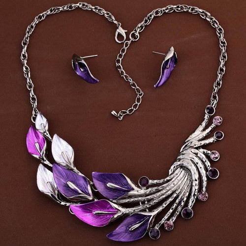 Retro Tibetan Leaf Peacock Crystal Rhinestone Drop Earrings Short Necklace Set