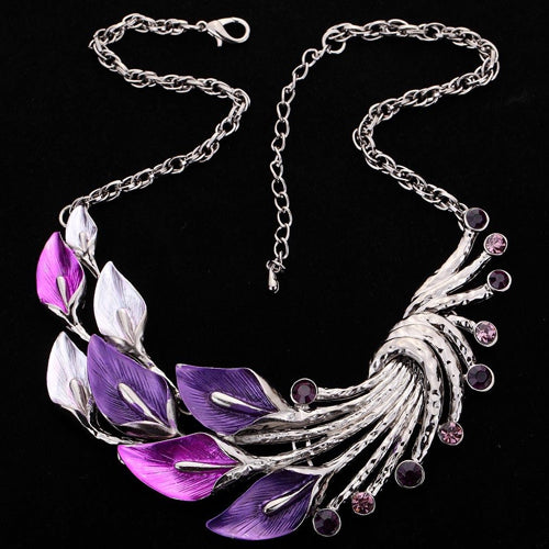 Retro Tibetan Leaf Peacock Crystal Rhinestone Drop Earrings Short Necklace Set