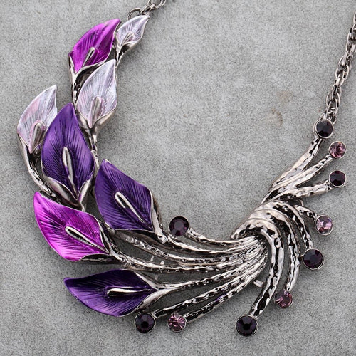 Retro Tibetan Leaf Peacock Crystal Rhinestone Drop Earrings Short Necklace Set