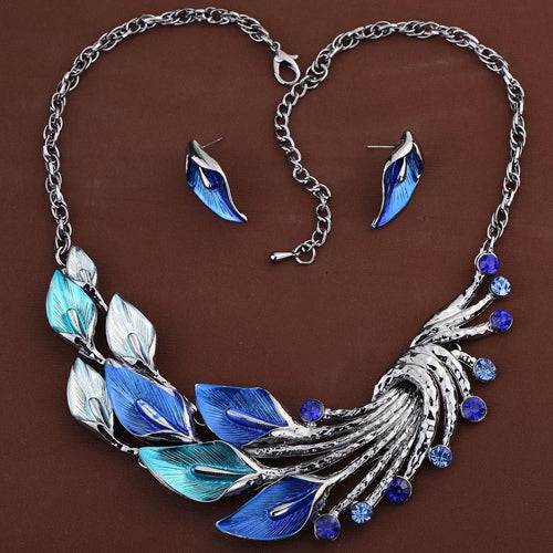 Retro Tibetan Leaf Peacock Crystal Rhinestone Drop Earrings Short Necklace Set