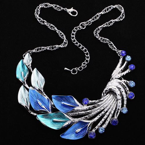 Retro Tibetan Leaf Peacock Crystal Rhinestone Drop Earrings Short Necklace Set