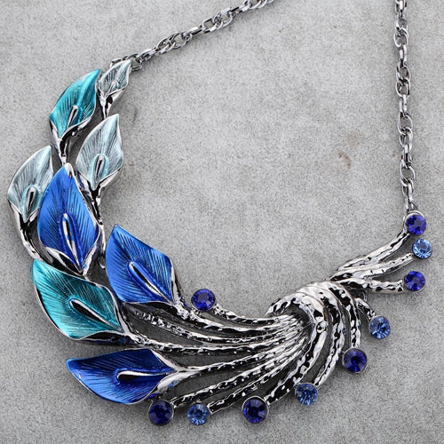 Retro Tibetan Leaf Peacock Crystal Rhinestone Drop Earrings Short Necklace Set