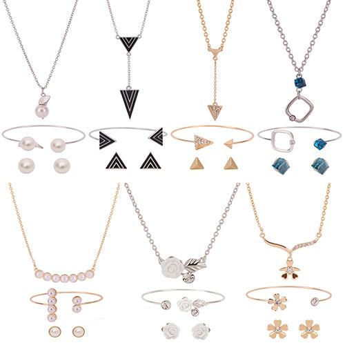 Women Simple Flower Triangle Necklace Open Bracelet Earrings Set Party Jewelry