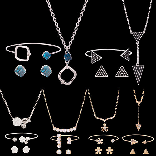 Women Simple Flower Triangle Necklace Open Bracelet Earrings Set Party Jewelry