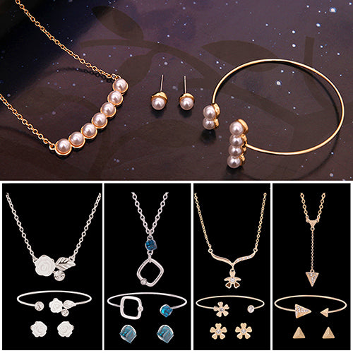 Women Simple Flower Triangle Necklace Open Bracelet Earrings Set Party Jewelry