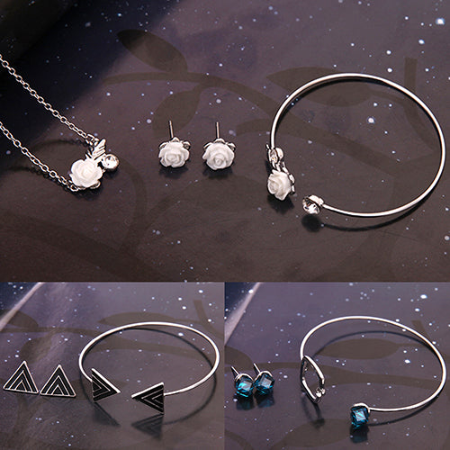 Women Simple Flower Triangle Necklace Open Bracelet Earrings Set Party Jewelry