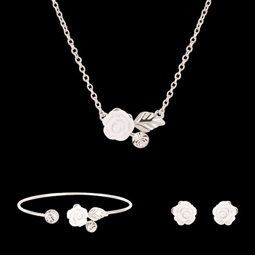 Women Simple Flower Triangle Necklace Open Bracelet Earrings Set Party Jewelry