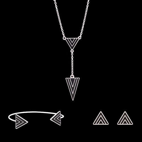 Women Simple Flower Triangle Necklace Open Bracelet Earrings Set Party Jewelry