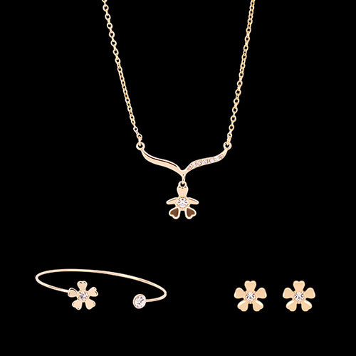 Women Simple Flower Triangle Necklace Open Bracelet Earrings Set Party Jewelry