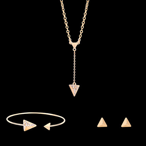 Women Simple Flower Triangle Necklace Open Bracelet Earrings Set Party Jewelry