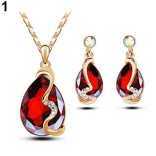 Women Waterdrop Crystal Pendant Rhinestone Inlaid Necklace Earrings Jewelry Set