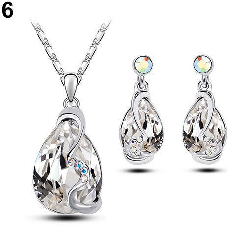 Women Waterdrop Crystal Pendant Rhinestone Inlaid Necklace Earrings Jewelry Set