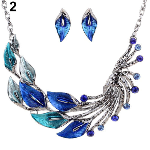 Retro Tibetan Leaf Peacock Crystal Rhinestone Drop Earrings Short Necklace Set