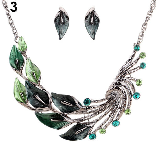 Retro Tibetan Leaf Peacock Crystal Rhinestone Drop Earrings Short Necklace Set