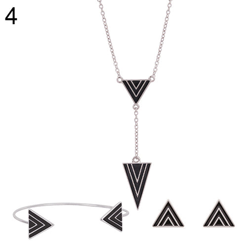 Women Simple Flower Triangle Necklace Open Bracelet Earrings Set Party Jewelry