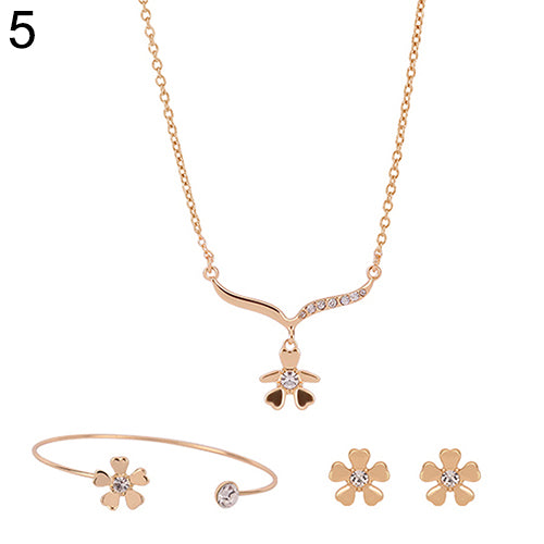 Women Simple Flower Triangle Necklace Open Bracelet Earrings Set Party Jewelry