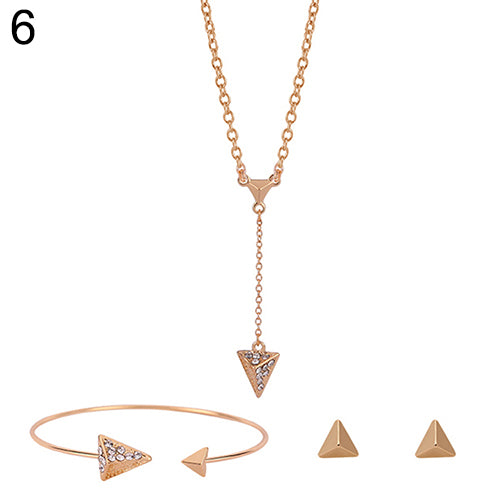 Women Simple Flower Triangle Necklace Open Bracelet Earrings Set Party Jewelry