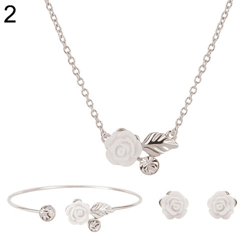 Women Simple Flower Triangle Necklace Open Bracelet Earrings Set Party Jewelry