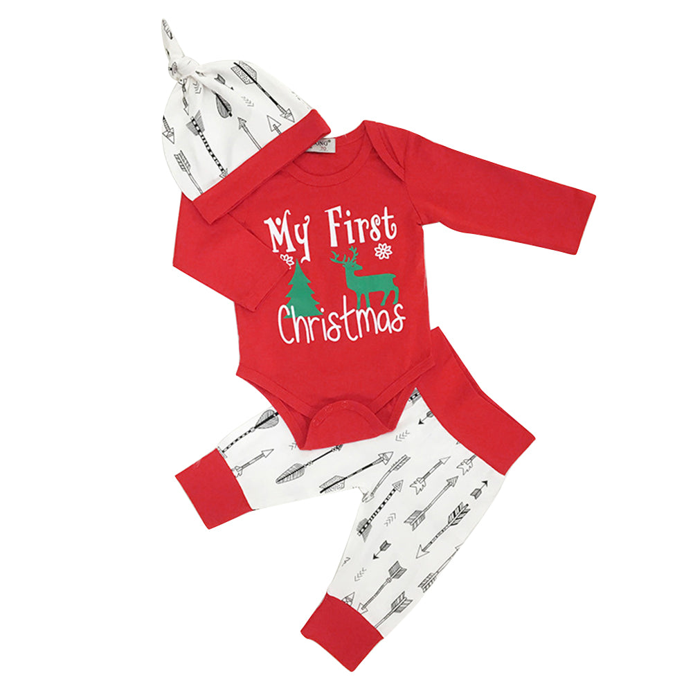 Newborn Baby Christmas Elf Tree Romper + Pants + Hat + Headband Outfit Set