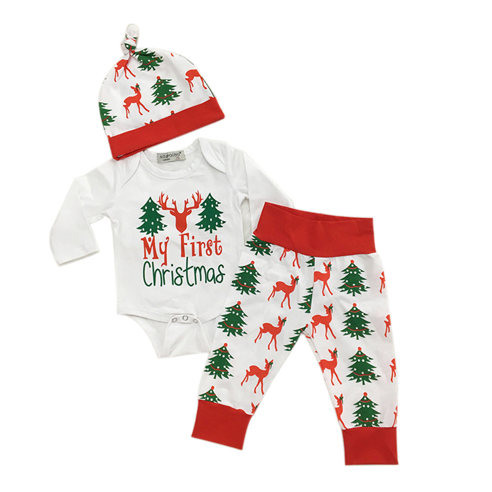 Newborn Baby Christmas Tree Deer Letters Print Romper Long Pants Cap Outfits