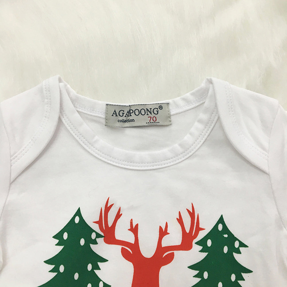 Newborn Baby Christmas Tree Deer Letters Print Romper Long Pants Cap Outfits