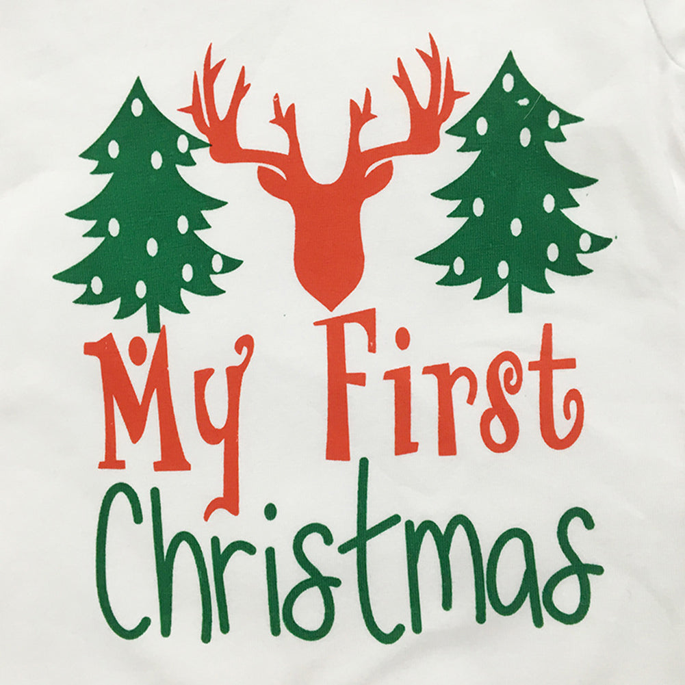 Newborn Baby Christmas Tree Deer Letters Print Romper Long Pants Cap Outfits