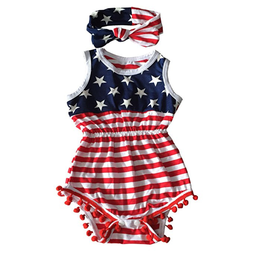Newborn Baby Girl American Flag Romper 4th of July Bodysuit + Headband Outfit Set