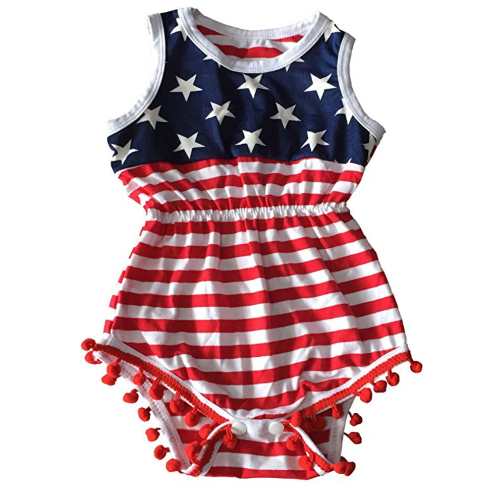 Newborn Baby Girl American Flag Romper 4th of July Bodysuit + Headband Outfit Set