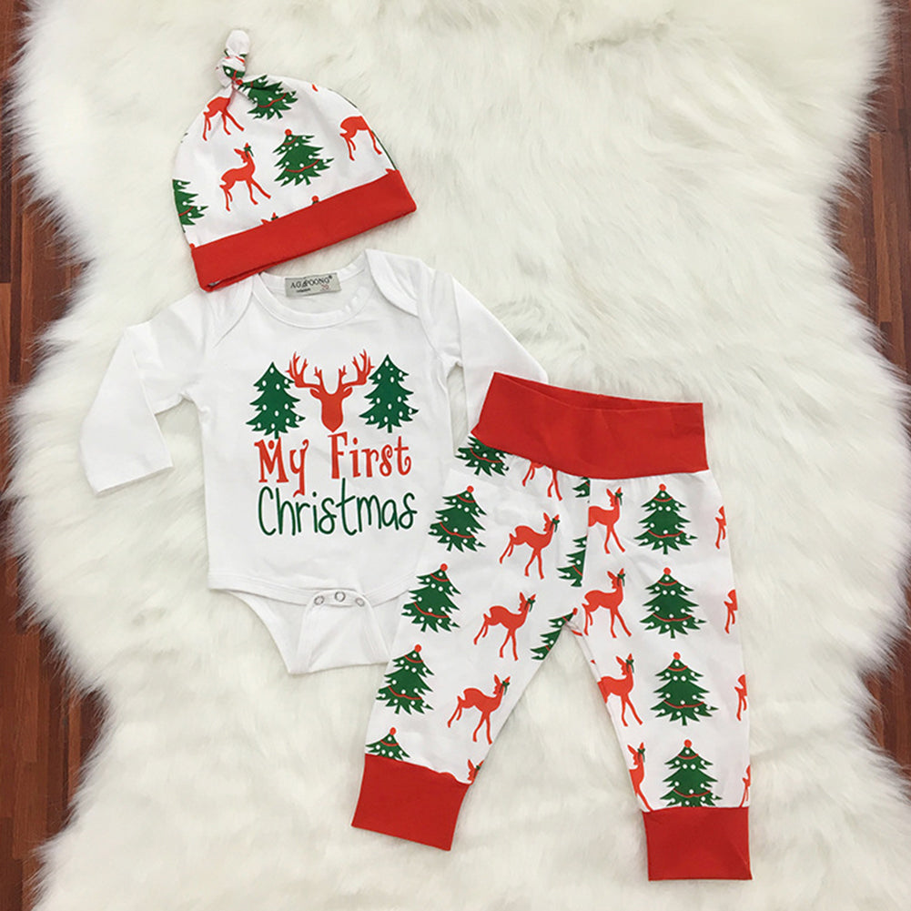 Newborn Baby Christmas Tree Deer Letters Print Romper Long Pants Cap Outfits