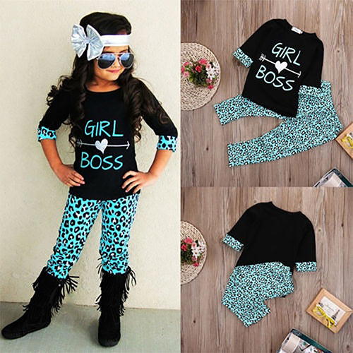 Girl Toddler 3/4 Sleeve Letter Print T-shirt + Long Pants Clothes Set Outfit