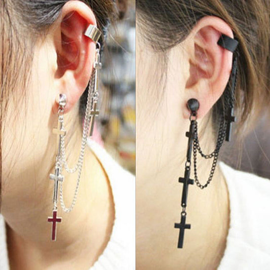 Gothic Punk Cross Long Tassel Chain Ear Cuff Stud Clip Earrings Fashion Jewelry