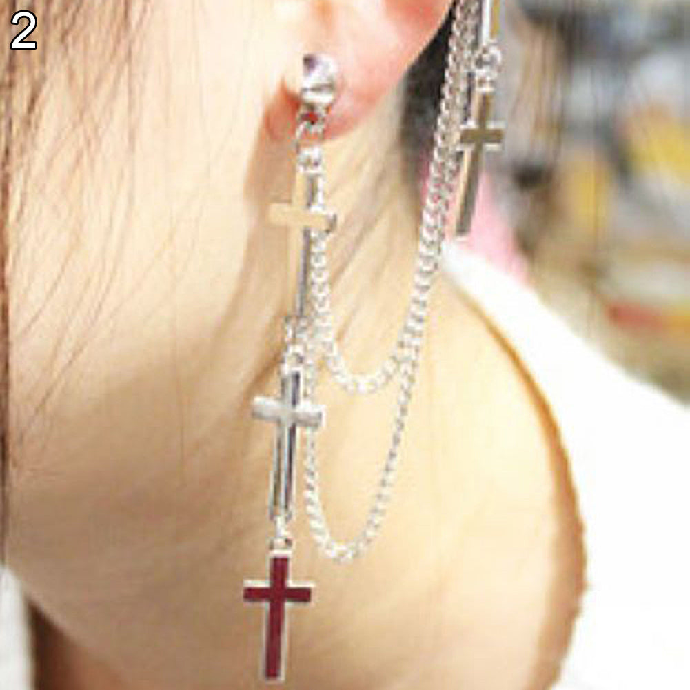 Gothic Punk Cross Long Tassel Chain Ear Cuff Stud Clip Earrings Fashion Jewelry