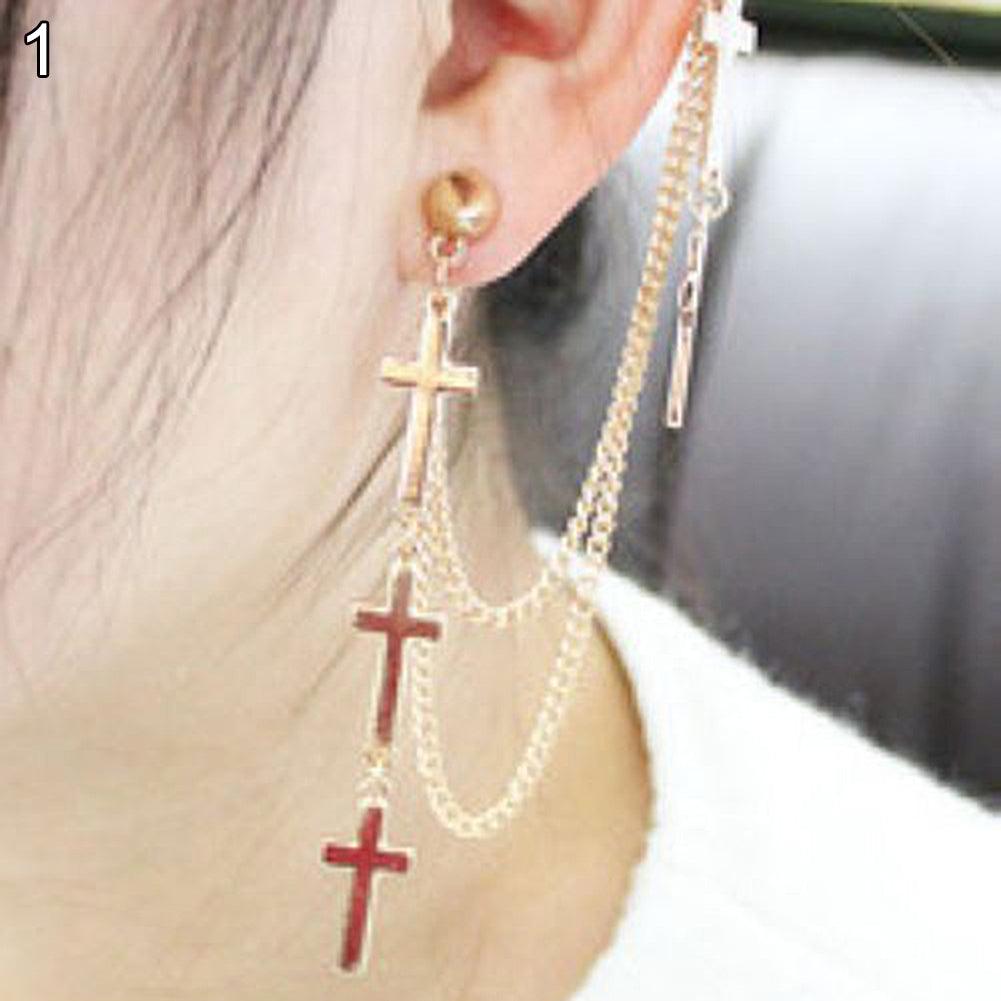 Gothic Punk Cross Long Tassel Chain Ear Cuff Stud Clip Earrings Fashion Jewelry