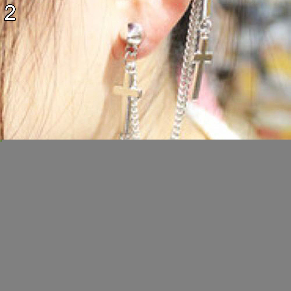 Gothic Punk Cross Long Tassel Chain Ear Cuff Stud Clip Earrings Fashion Jewelry