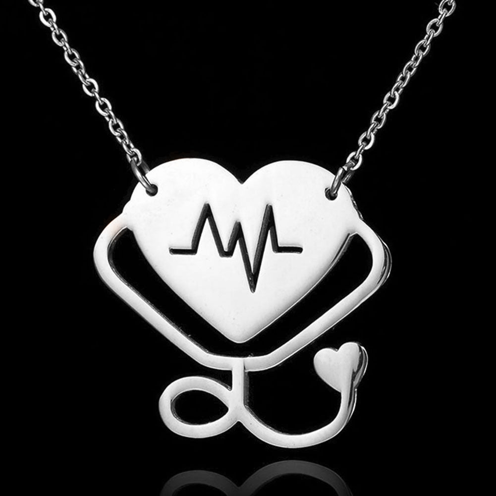 Women Fashion Medical Stethoscope Chain Double Heart Pendant Necklace Jewelry